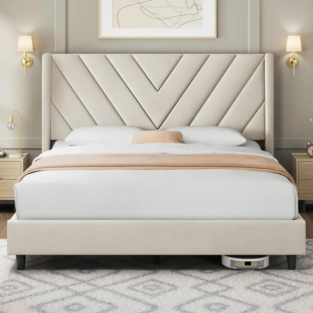 Upholstered Platform Bed with Wing Side/Wooden Slat Support/Tufted Headboard