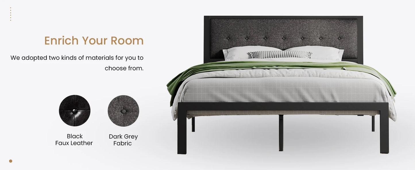 King Size Platform Bed Frame with Upholstered Headboard, Metal Slats Support, Noise Free