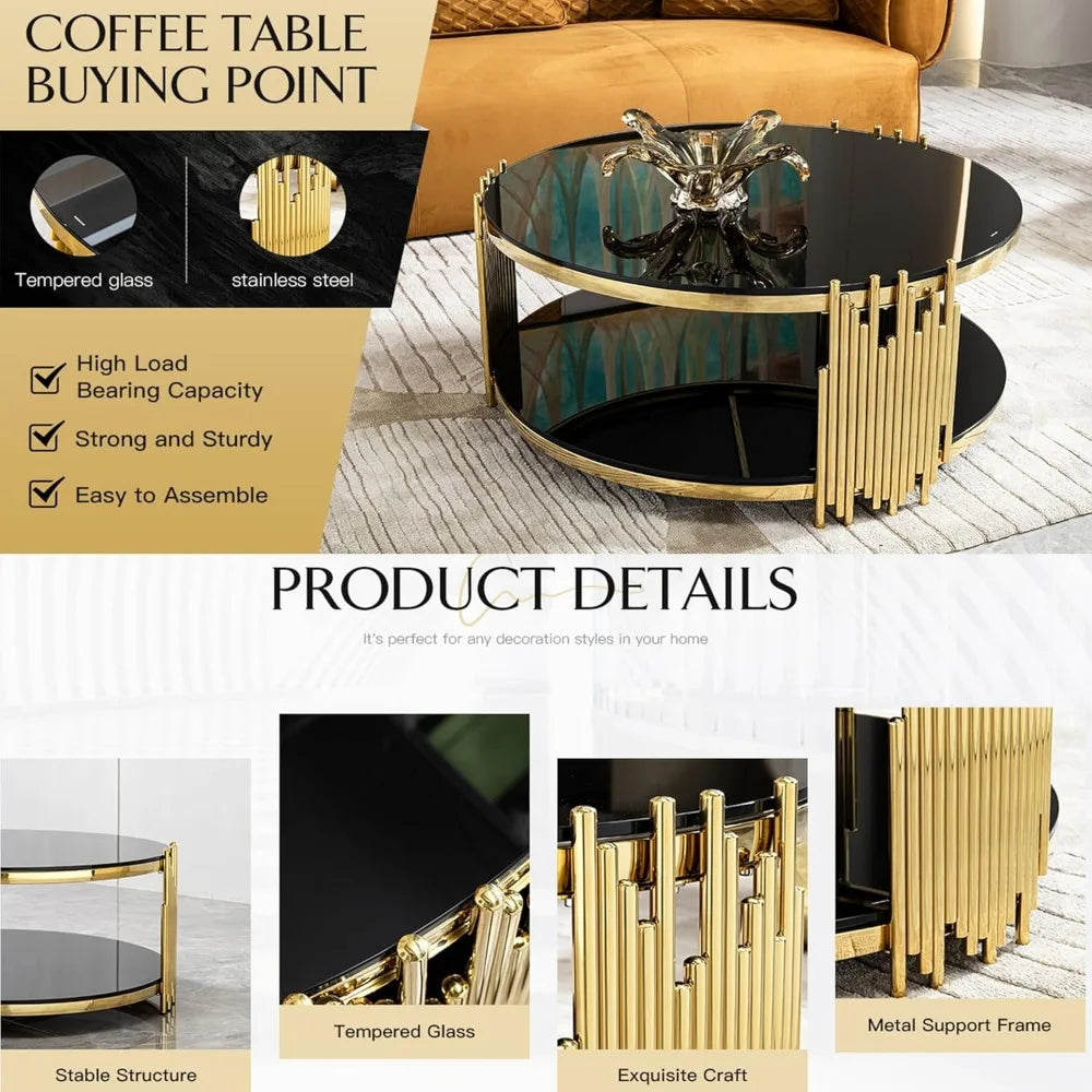 36" Modern Luxury Black Center, Gold Stainless Steel Irregular Leg Table