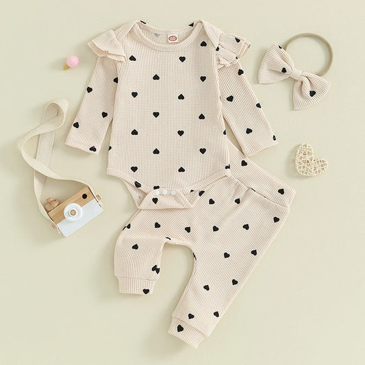 3-24MO Baby Girl Set Waffle Knit, Heart Long Sleeve Romper Pants Headband