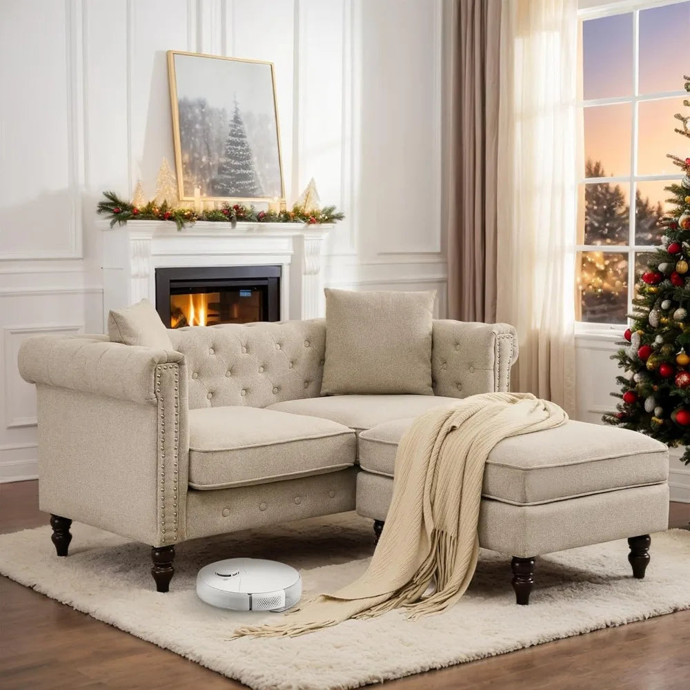 62" Tufted Linen Loveseat with Gourd Wooden Legs, Nailhead Trim and Flared Arms,