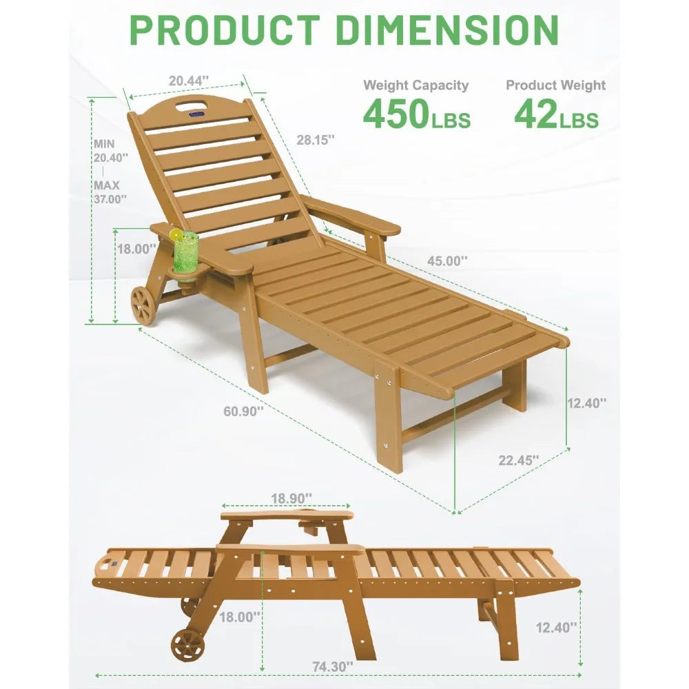 Set of 2, Outdoor Chaise Lounge with 6-Position with Wheels & Cup Holder
