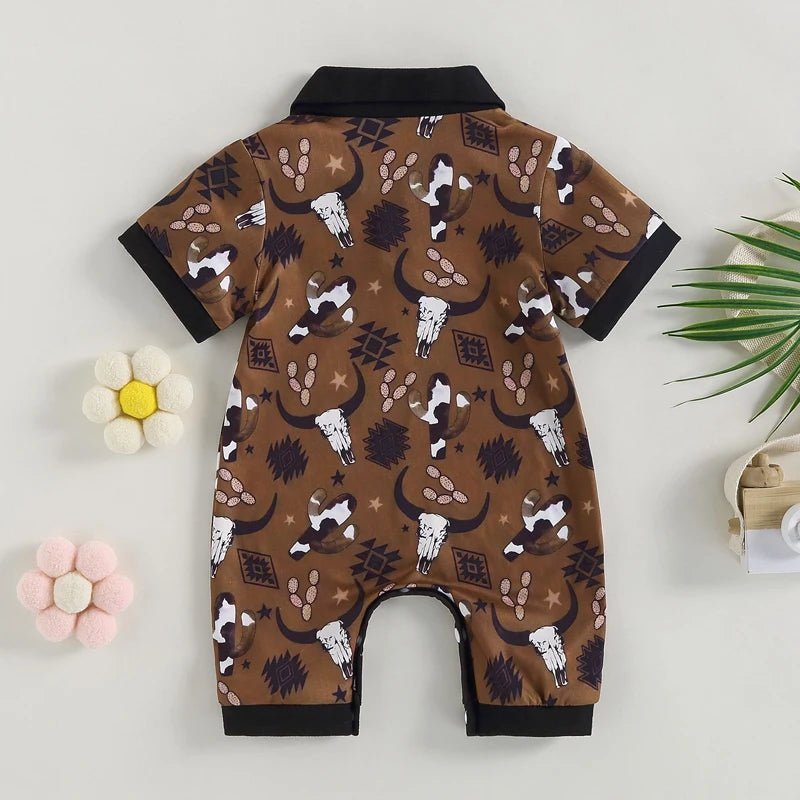 0-18 mo Infant Baby Boys Jumpsuit, Casual Head Print, Short Sleeve Romper