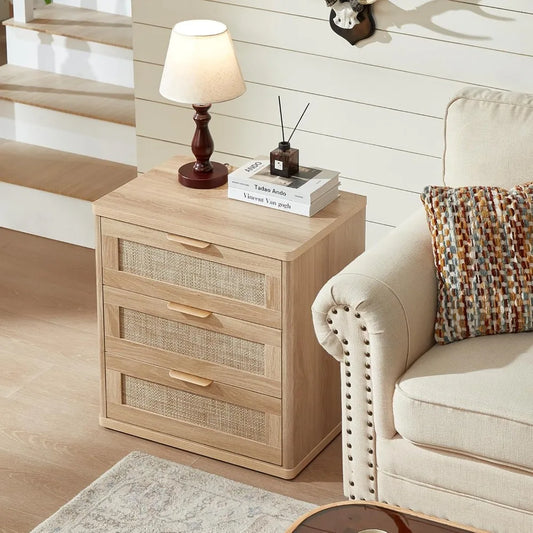 Set of 2, 23" Large 3 Drawer Sidestand, Natural Wood