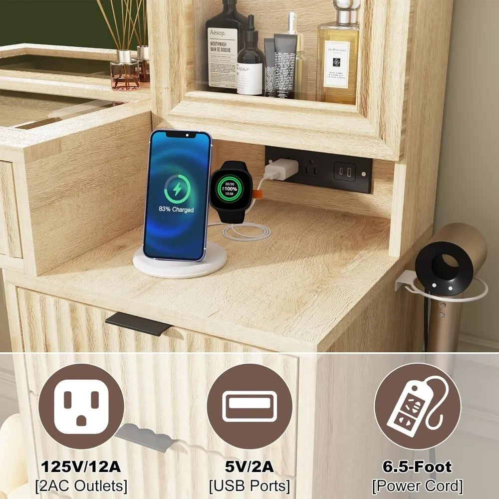 55" Vanity with Large Mirror and Lights, Modern Glass Top with 9 Drawers & Open Storage