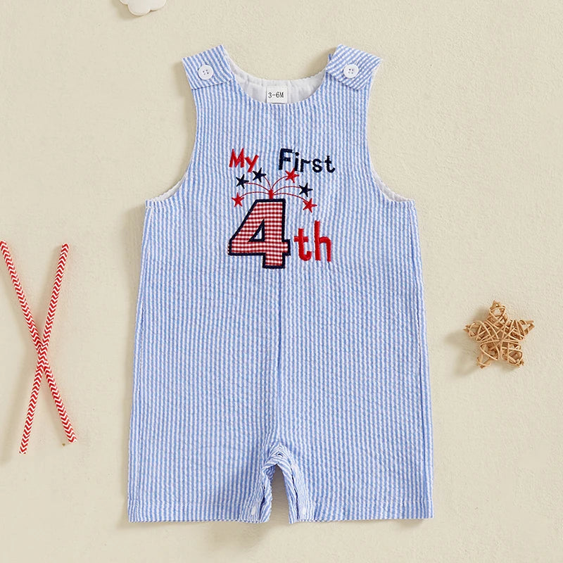 0-24 mo. Baby Boy 4th of July Romper, Star Letter Striped Sleeveless Overall Bodysuit