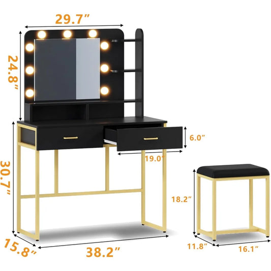 Vanity Desk with Sliding Mirror and LED Lights, Power Outlet & Vanity Stool f