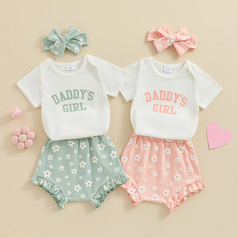 3Pcs 0-18 mo Baby Girl Outfit, Daddy’s Girl, Short Sleeve Romper, Flower Ruffle Shorts, Headband
