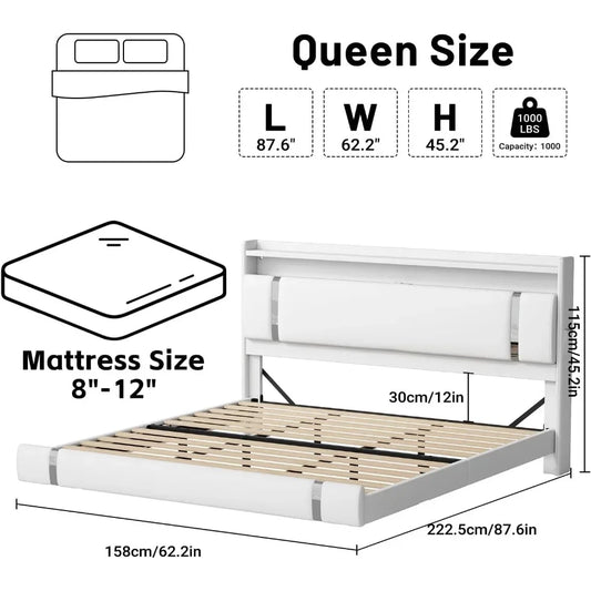 Queen Size White Floating Bed Frame | LED • Charging • Storage, Upholstered Metal • No Box Spring needed