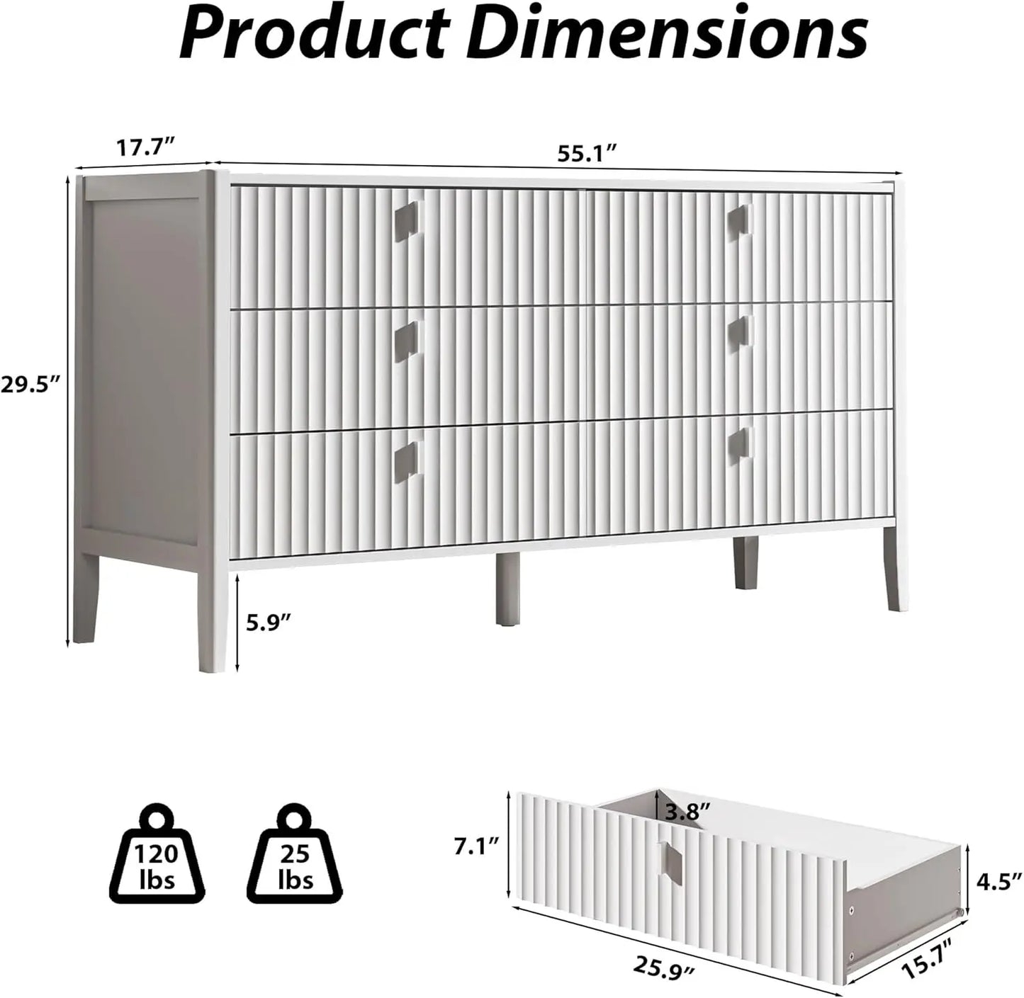 Wood Double, 6-Drawer Dresser with Wooden Legs, TV Stand Storage Unit