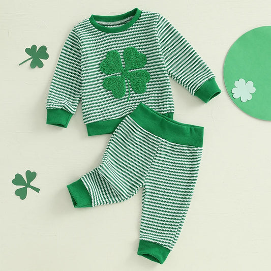 Lioraitiin Toddler Baby Boy St. Patrick's Day Outfit Long Sleeve Shamrock Embroidery Sweatshirt+Stripes Pants Set Spring Clothes