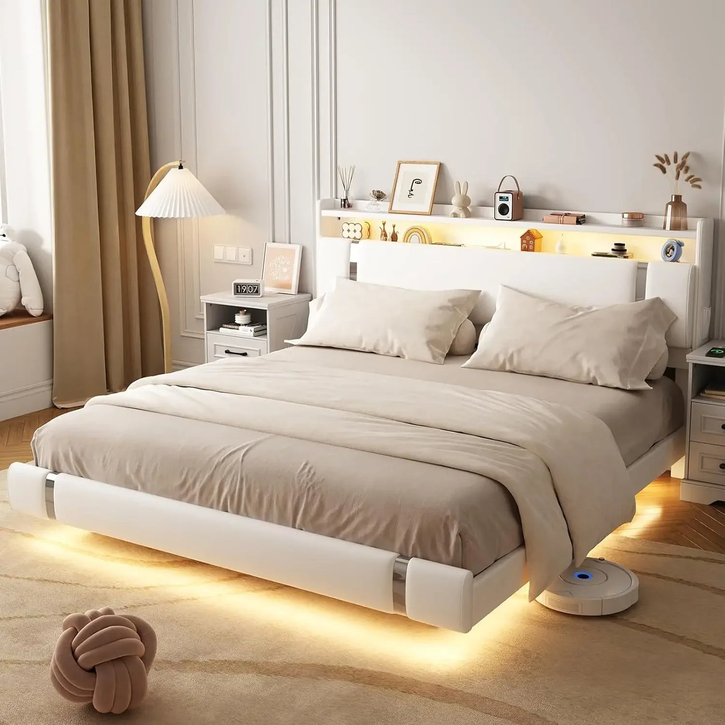 Queen Size White Floating Bed Frame | LED • Charging • Storage, Upholstered Metal • No Box Spring needed