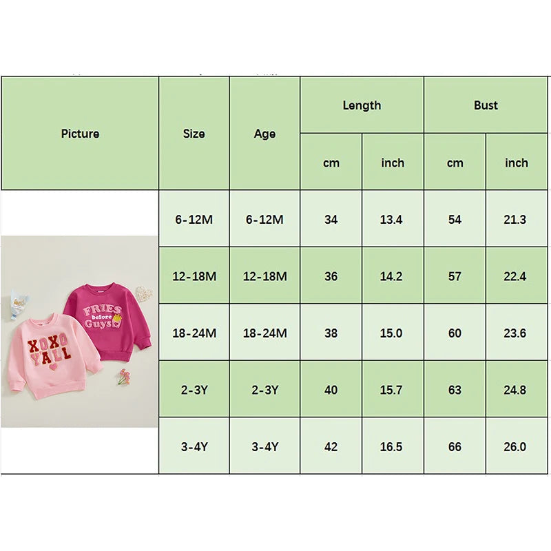 12M-4T Kids Girls Valentines Day Sweatshirt, Long Sleeve, Crew Neck, Embroidery Letters, Pullover Hoodie Tops