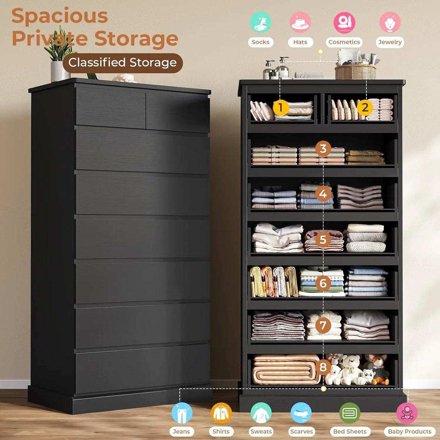 59.6" Tall Dressers & Chests of 8 Drawers, Modern Wood Closet Organizer