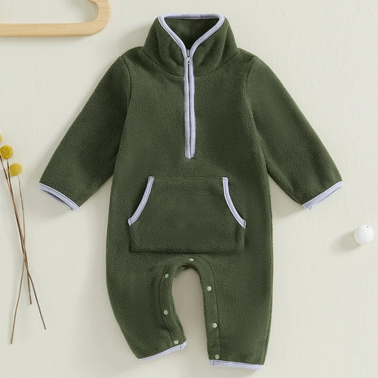3-12M Autumn Winter Baby Boys Fleece Romper, Long Sleeve, Stand Collar, Pockets