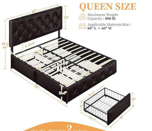Faux Leather Queen Size Upholstered Bed Frame with 4 Drawers and Adjustable Headboard
