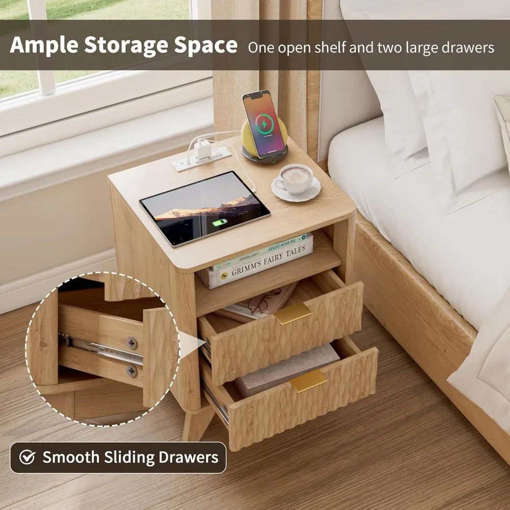 18" Side stand with Charging Station, Storage Drawers-Natural Oak