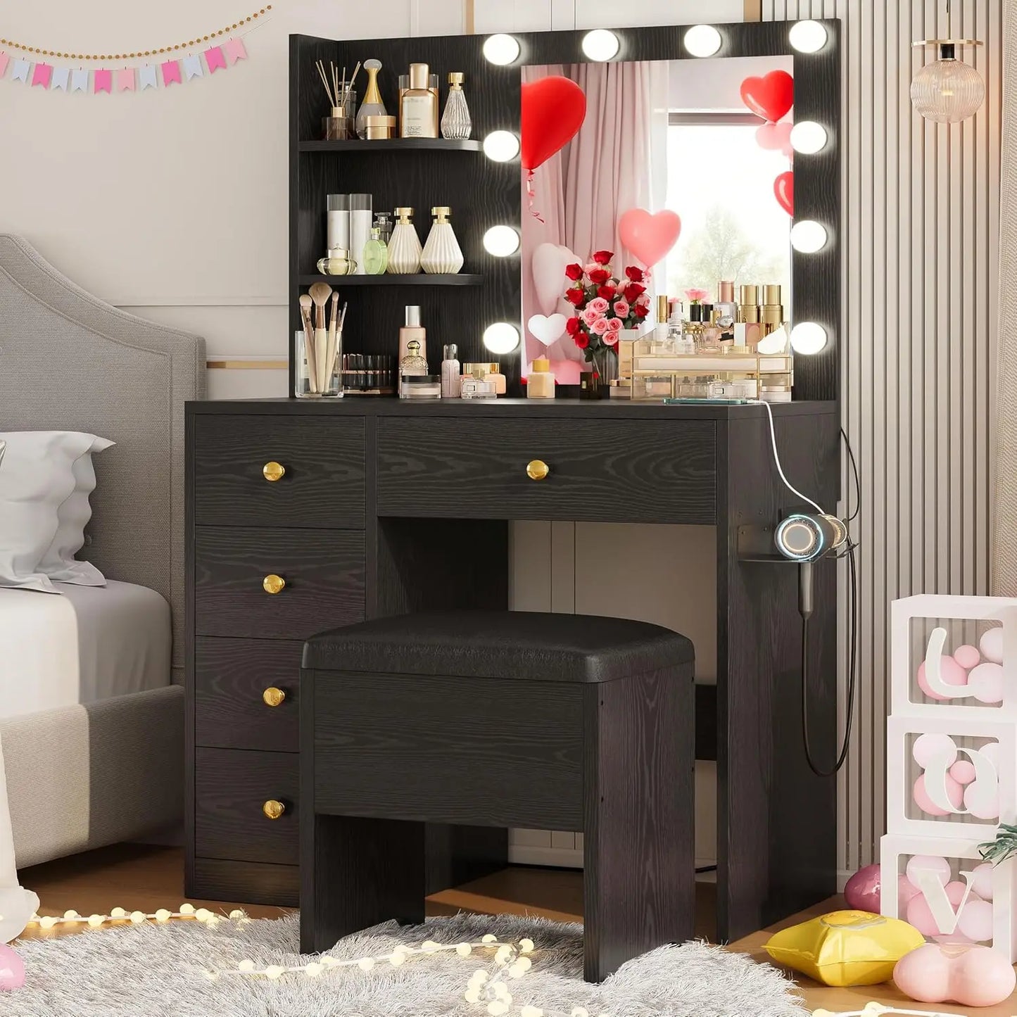 Vanity/Desk with Mirror and Lights with 5 Drawers