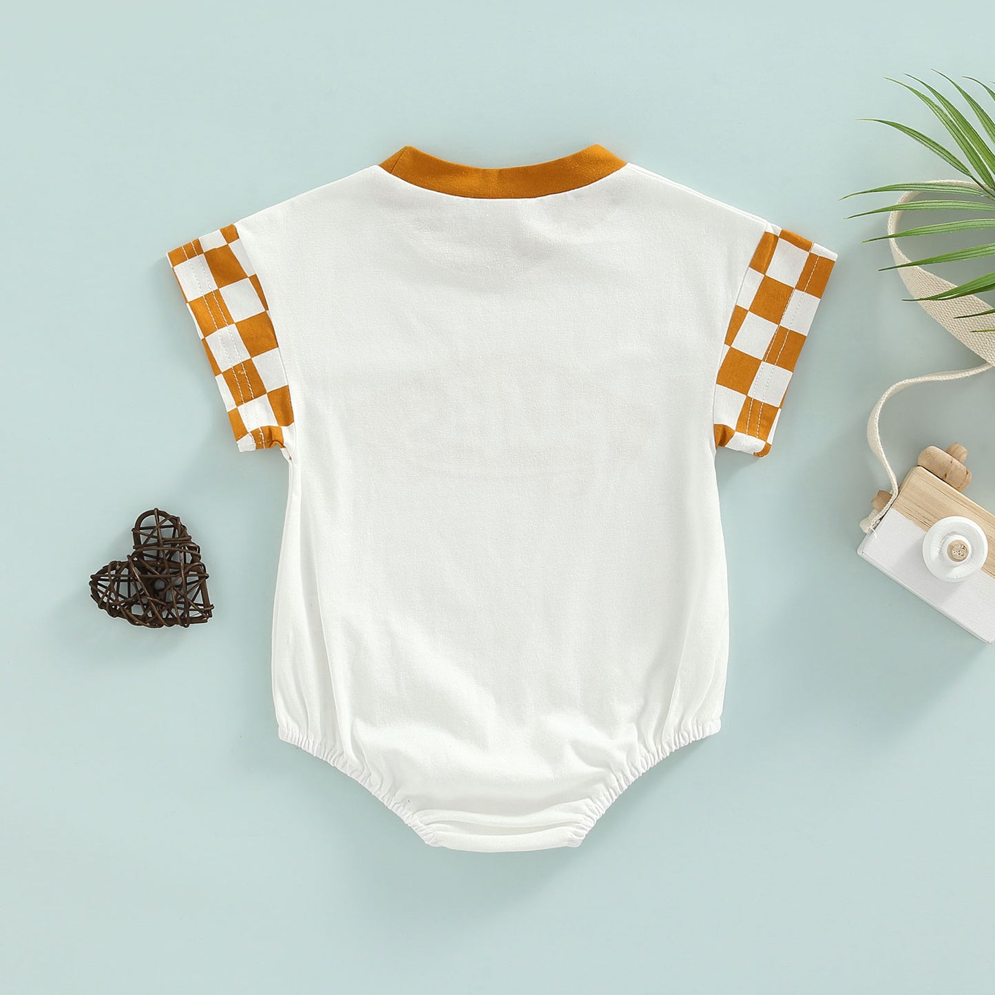 6-18M Infant Boy Romper, Plaid Short Sleeve Round Neck Cartoon Pattern Letter Print