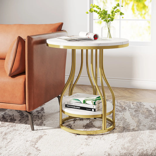 Round 2-Tier White Gold End Table