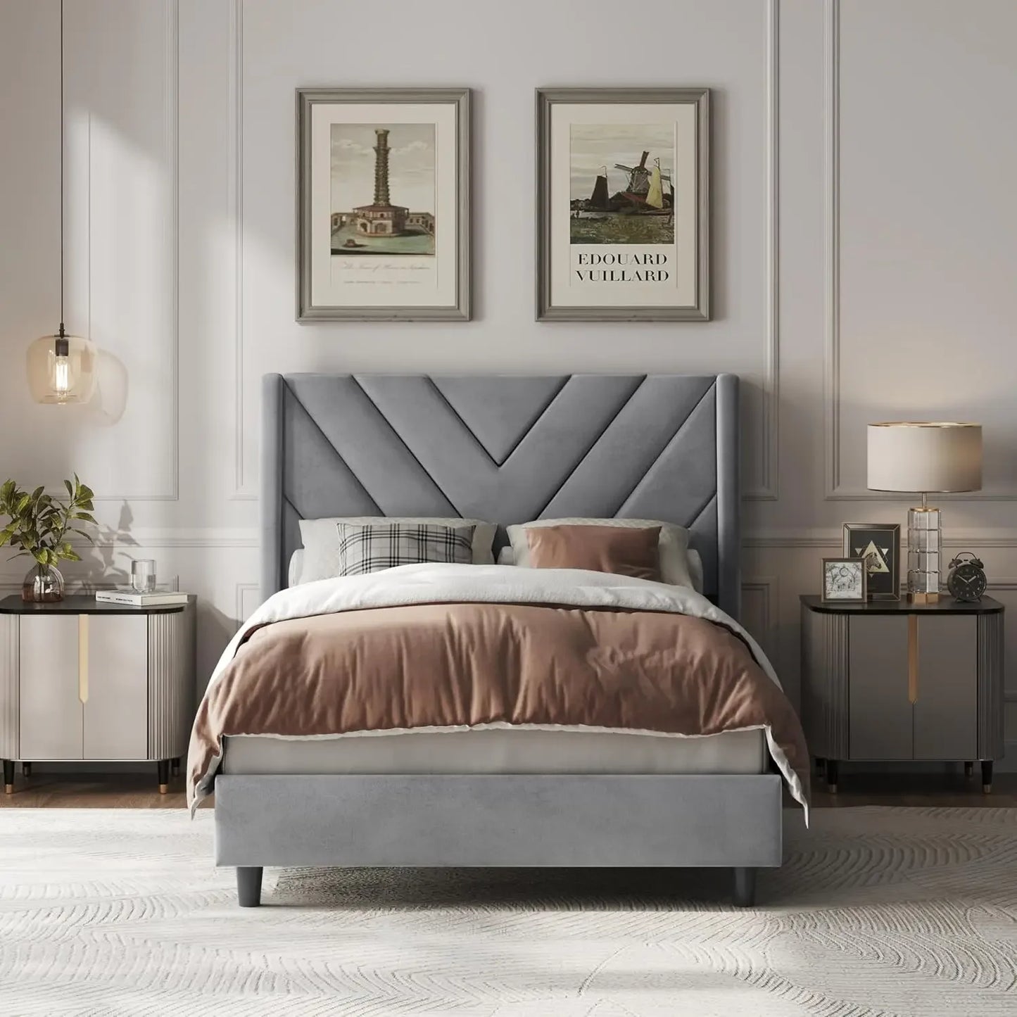 Upholstered Platform Bed with Wing Side/Wooden Slat Support/Tufted Headboard