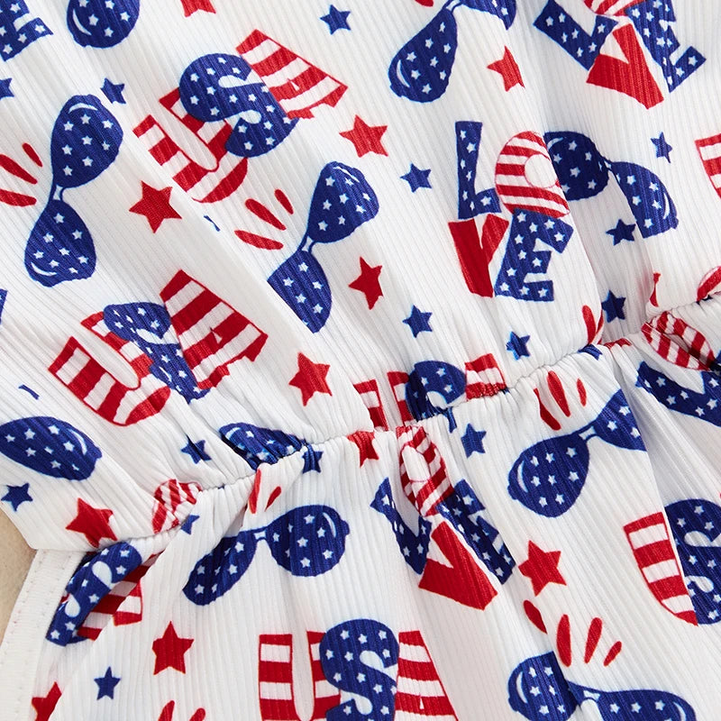 18MO-5T Girls Jumpsuit Tie-up Spaghetti Straps Stars Print Romper 4th of July