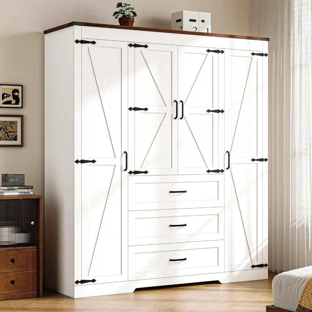 4 Door Armoire with 3 Drawers, Hanging Rod and Adjustable Shelves