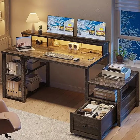 63" Farmhouse Style Computer Desk with Drawers and LED Lights, Storage Shelves and Power Outlets