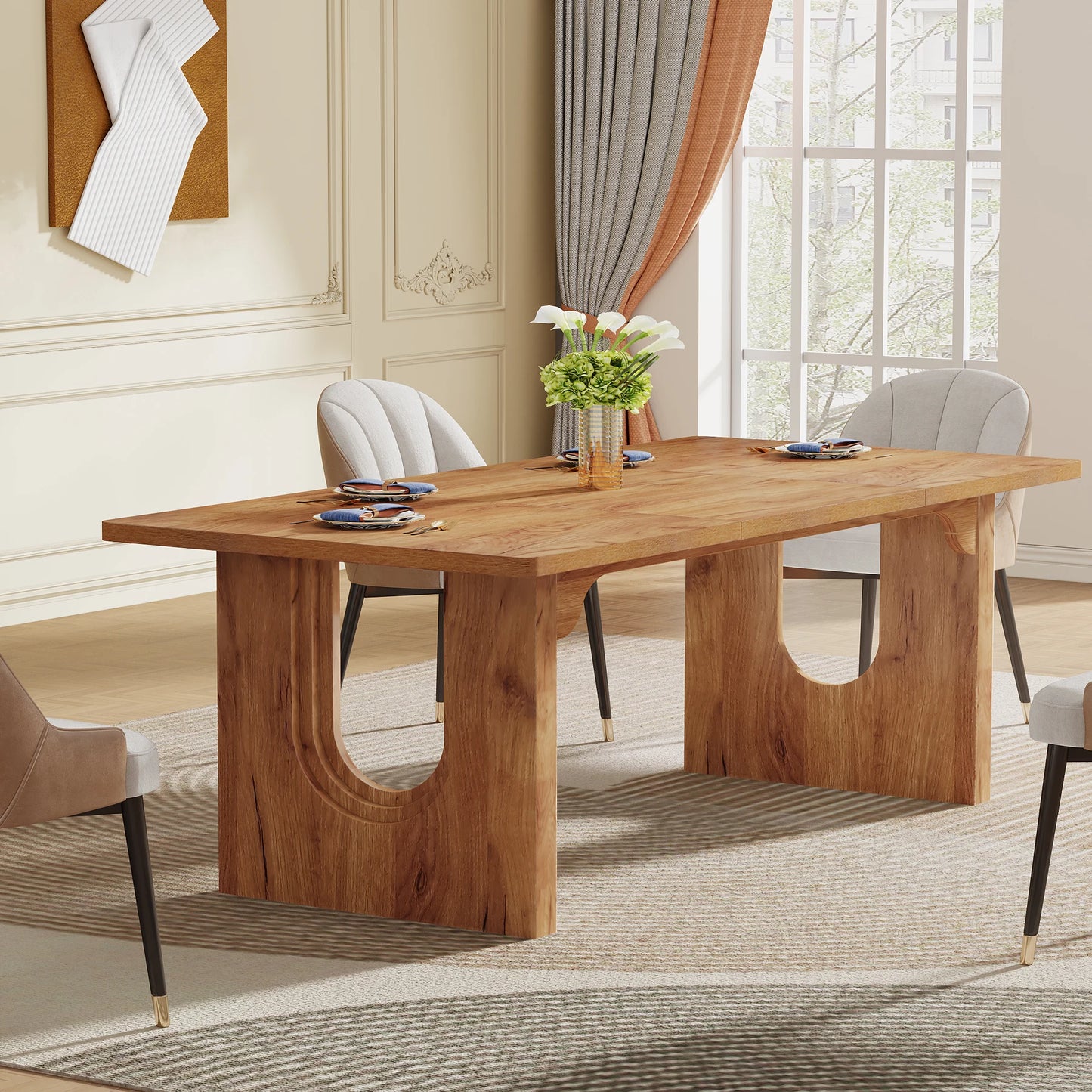 71" Large Kitchen Dining Table with Wood Pedestal Base, Seats 6-8