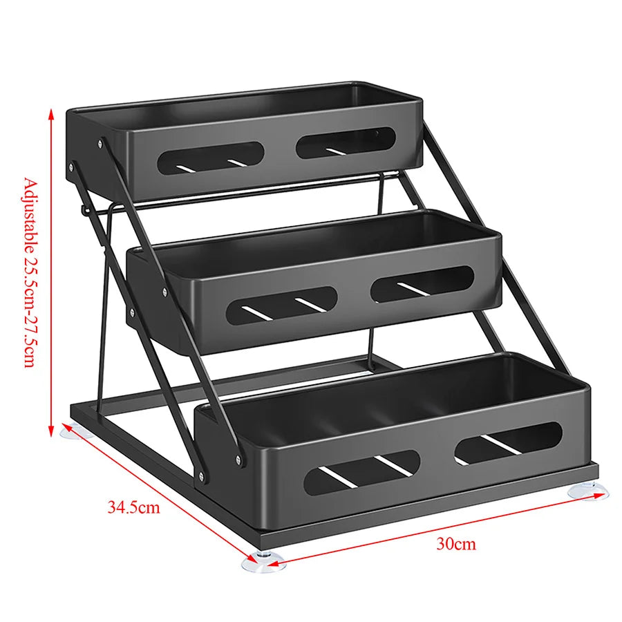 3-Layer Carbon Steel Kitchen Spice Rack Adjustable Height