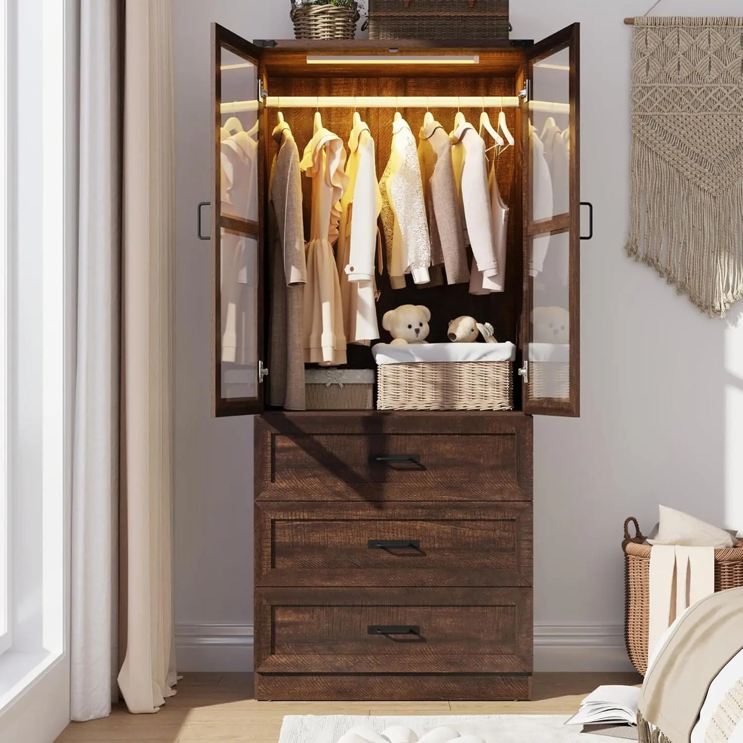 75" 2 Door Armoire Wardrobe Closet with 3 Drawers and LED