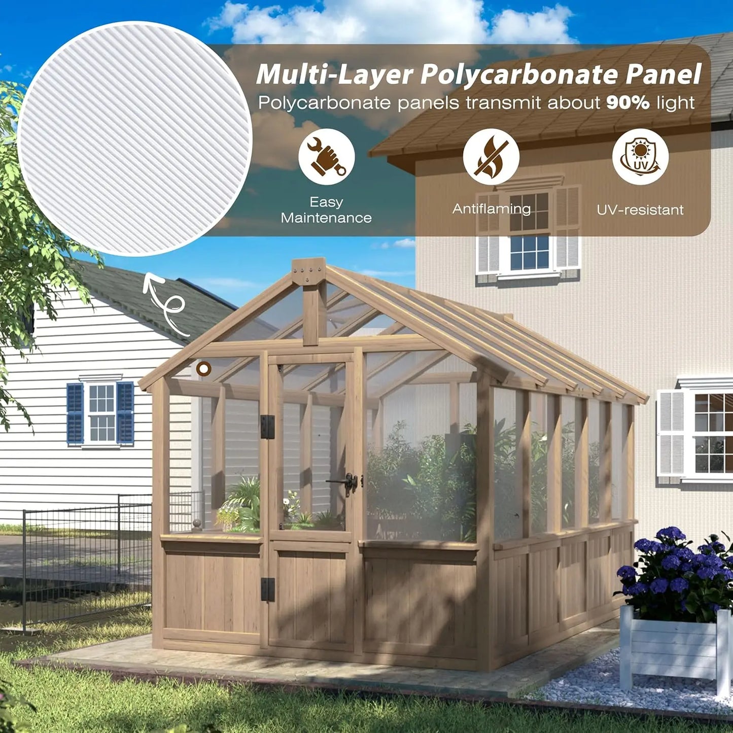 6x10 FT, 6MM Thick Polycarbonate Panel, Wooden Walk-in Greenhouse Kit with Lockable Door