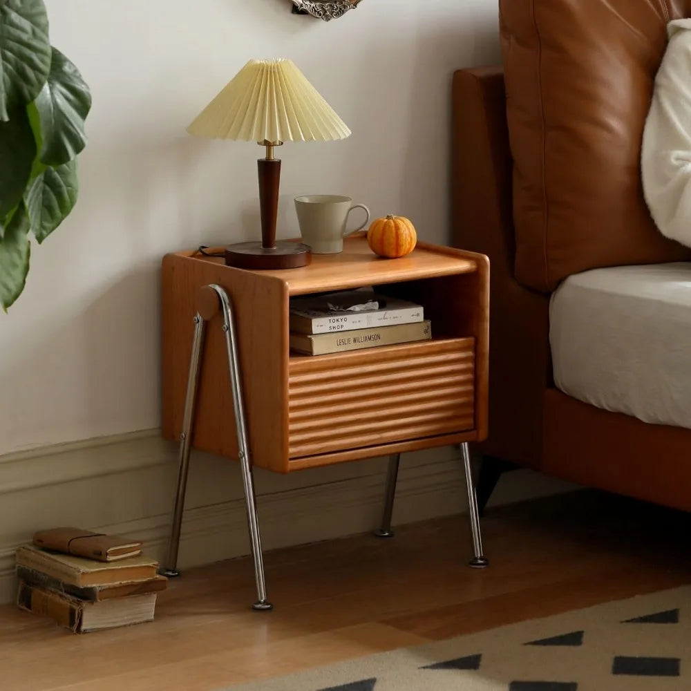 100% Solid Cherry Wood Seat side Table with Drawer & Storage