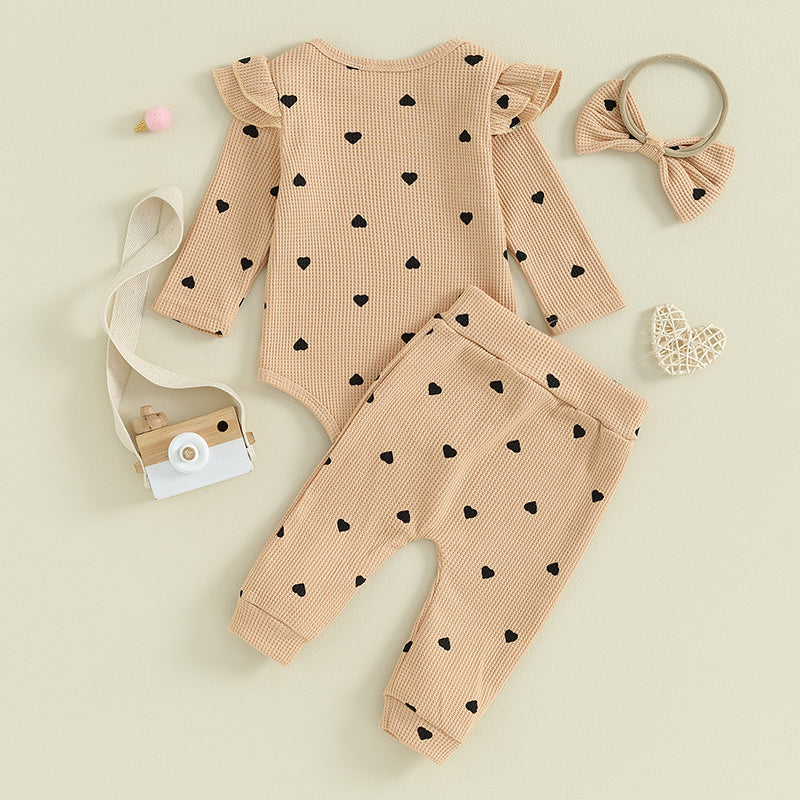 3-24MO Baby Girl Set Waffle Knit, Heart Long Sleeve Romper Pants Headband