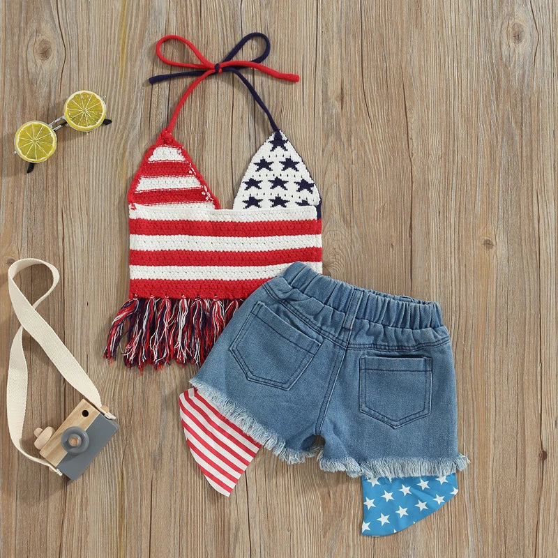 2Pc 2T-6T Toddler Girl Independence Day Summer Set, Knit Vest Top Denim Shorts