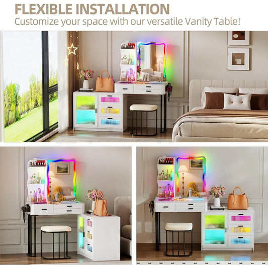 60.9" W Large Vanity/Desk with Mirror and RGB Lights, Glass Top, Charging Station
