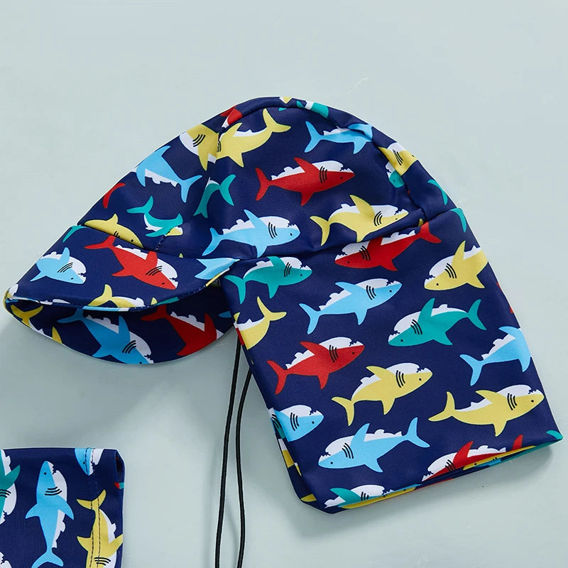 3Pcs, 0MO-4Y Boy Swimsuit Set, Shark Print Short Sleeve, Rash Guard Swim Top, Short, Sun Hat,