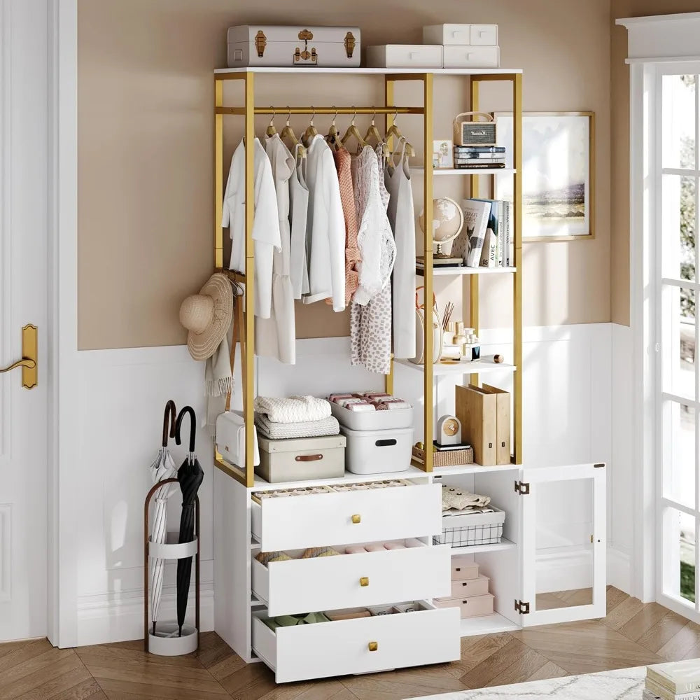 2 pcs Closet Organizer System, Wardrobe Closet with 3 Wooden Drawers, Clothes Rack with Hanging Rods and 4 Tiers Shelves