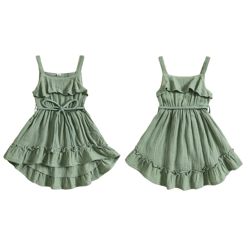 6 MO-4Y Girl Summer Dress, Casual Sleeveless, Square Neck, Belted Dress