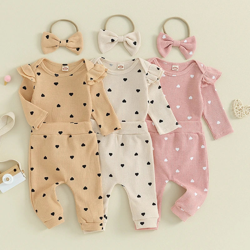 3-24MO Baby Girl Set Waffle Knit, Heart Long Sleeve Romper Pants Headband