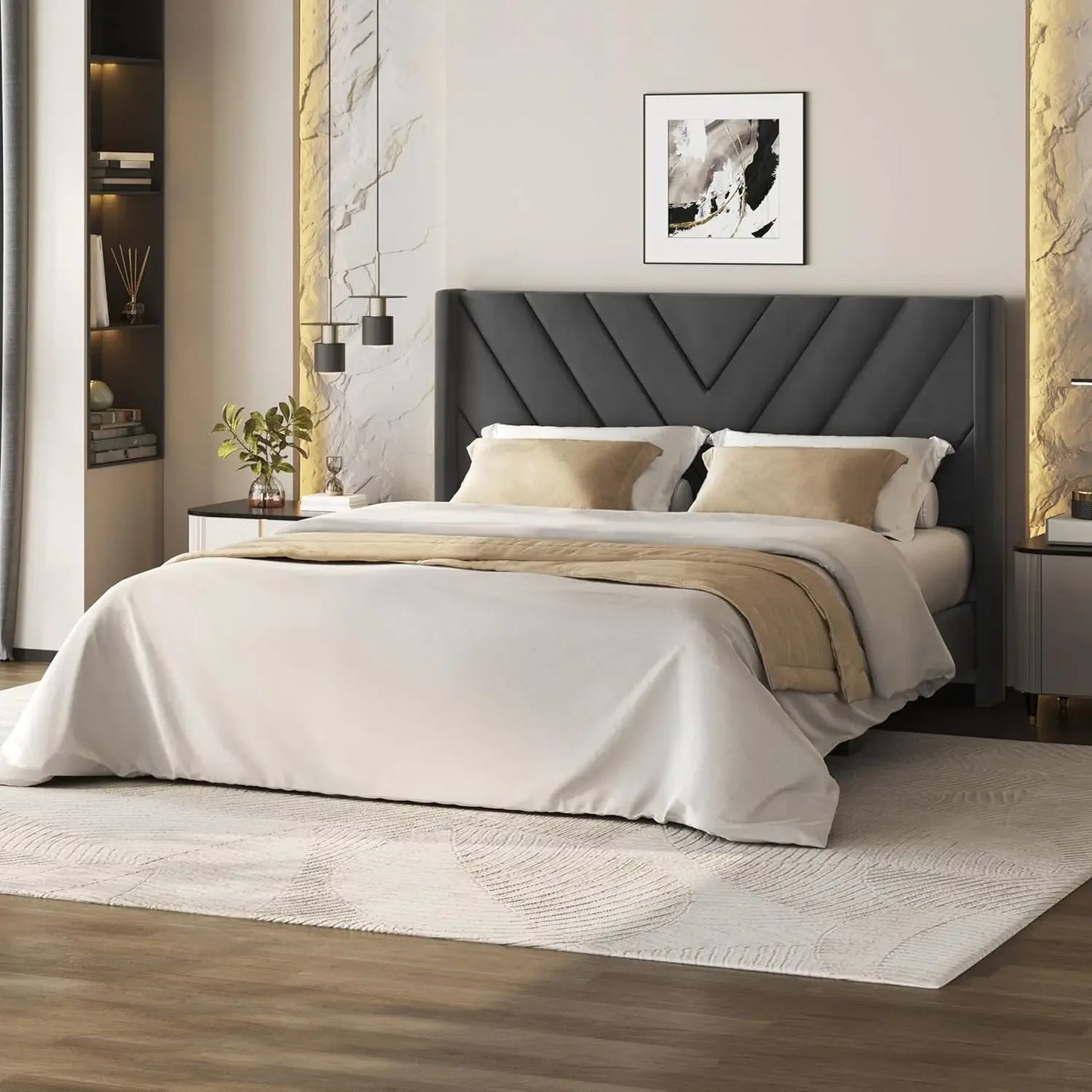 Upholstered Platform Bed with Wing Side/Wooden Slat Support/Tufted Headboard