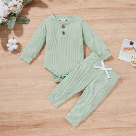 0-24Months Spring Solid Toddler/Baby Waffle Plaid Outfits Long Sleeve Romper + Casual Pants Set