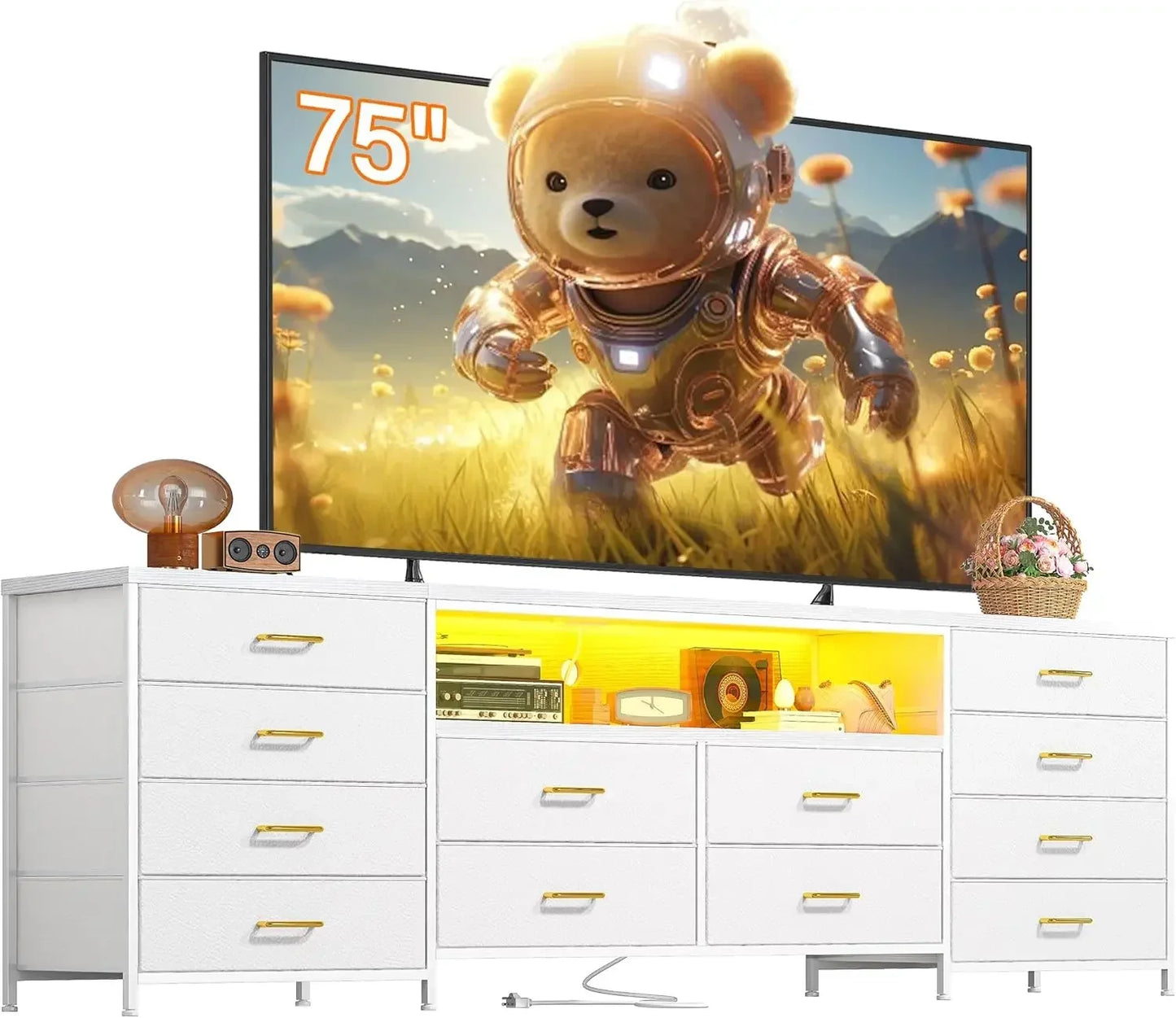 63" W Dresser/TV Stand LED Lights & Power Outlets & 12 Drawers Dresser