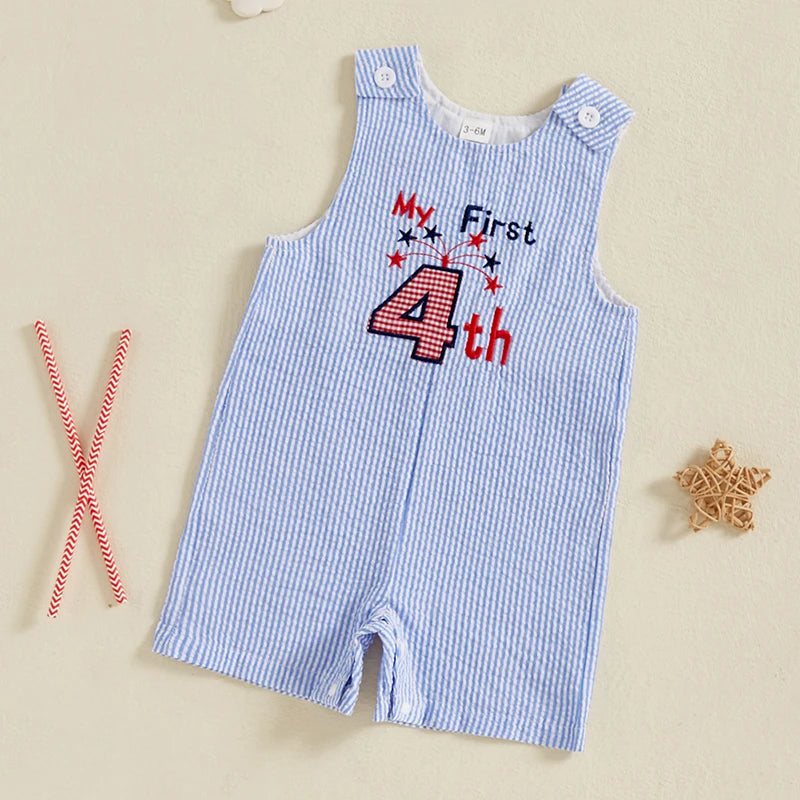 0-24 mo. Baby Boy 4th of July Romper, Star Letter Striped Sleeveless Overall Bodysuit