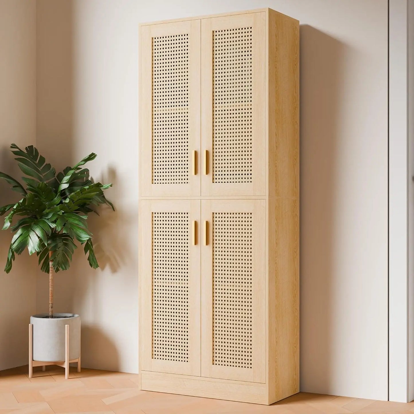 71" Tall Rattan Storage Cabinet with Doors and Shelves
