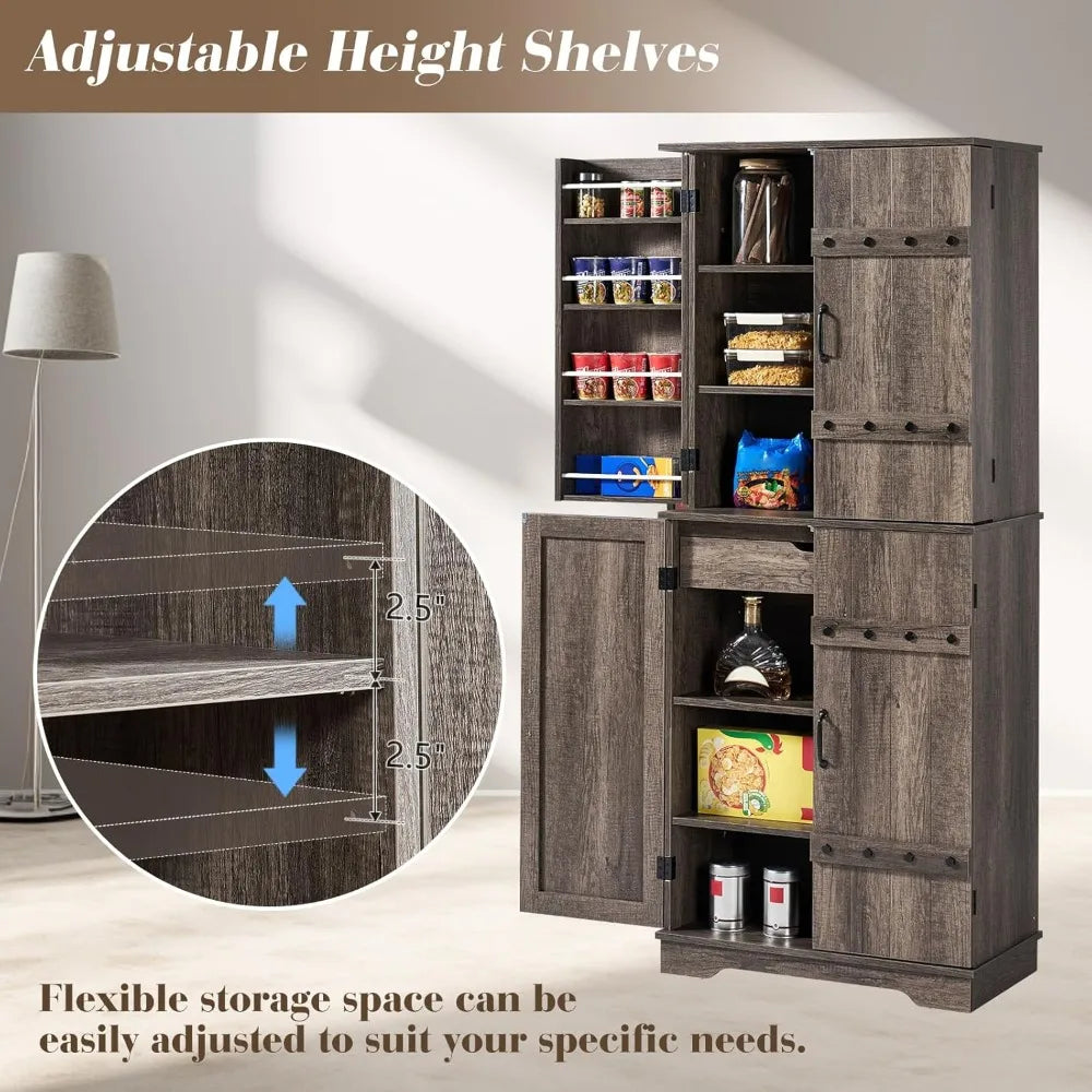 72" Farmhouse Kitchen Pantry Cabinet with Door Organizer & Adjustable Shelves