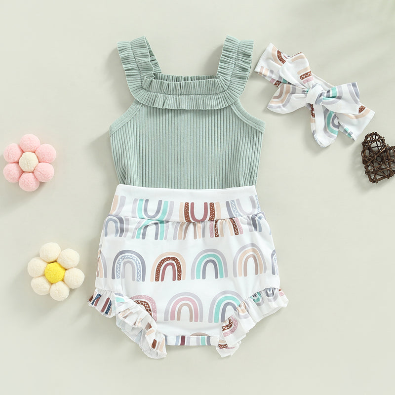 3-18M Baby Girls Shorts Set, Sleeveless Romper, Flower/Rainbow/Print Shorts, Hairband
