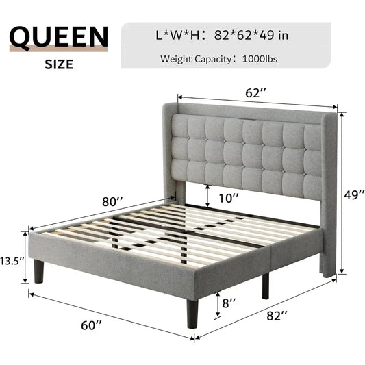 Queen Upholstered Bed Frame w/Charging & Storage, No Box Spring Needed