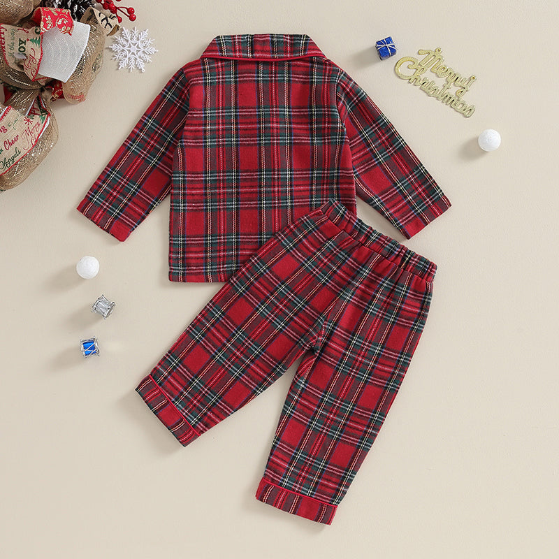 6M-4Y Kids Christmas Pajamas Set, Plaid Button up Long Sleeve Shirt and Elastic Pants Sleepwear