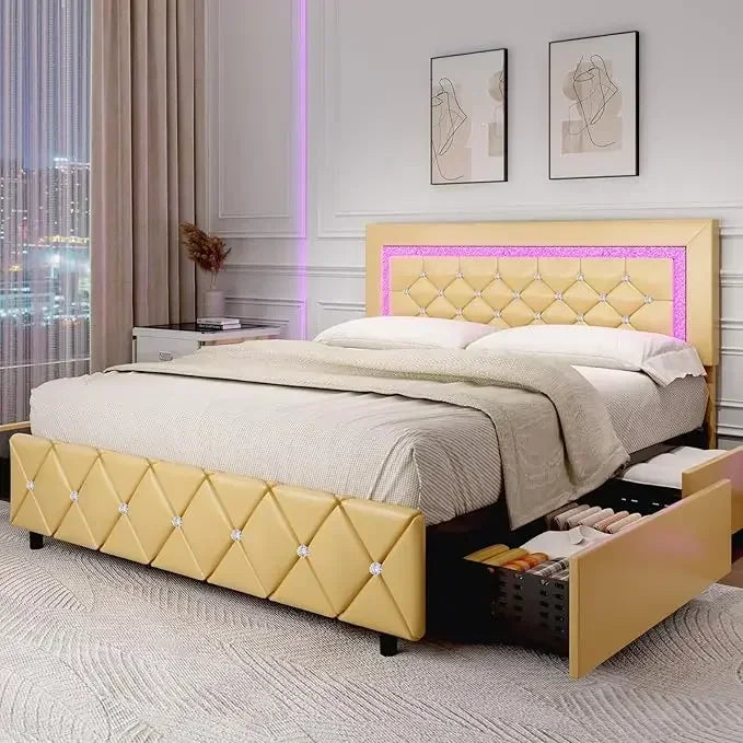 Platform Bed with Diamond Headboard and Footboard with LED, Storage Drawers